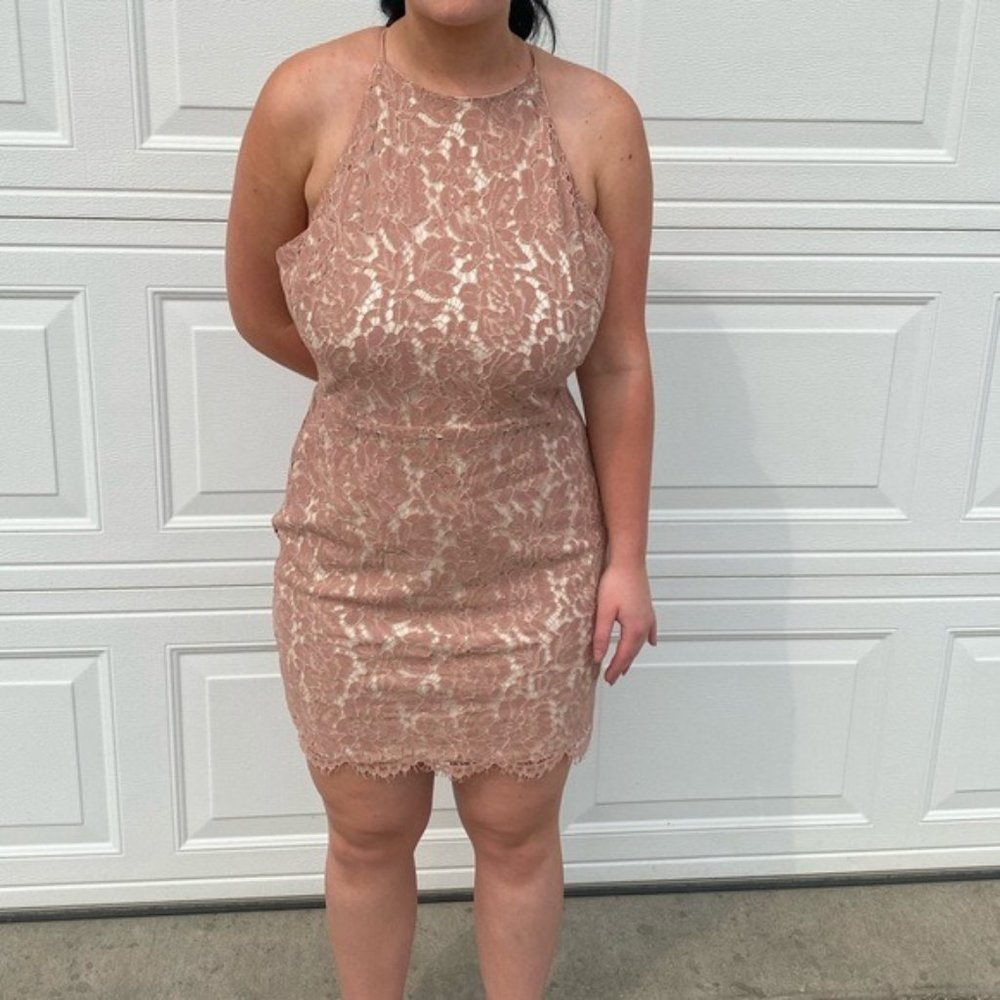 ASTR large pink overlay lace mini dress